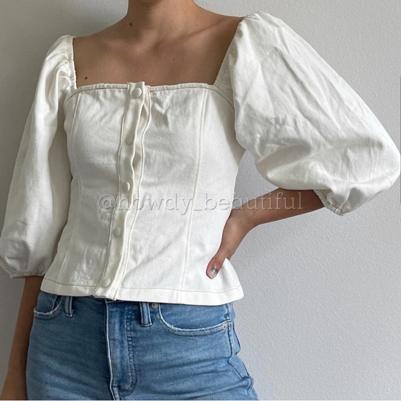 Lush front button square neck balloon sleeve crop - Picture 5 of 8
